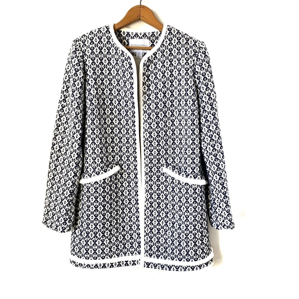 Carolina Belle Cardigan Coat Long Blue White Pockets Print Chunky Lined Medium